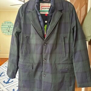 New Men’s Hunter Green & Navy Blackwatch Plaid Layered Winter Coat M Medium